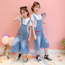 Girl Suit 2022 New Summer Dress Ocean Air Short Sleeve Children Dress CUHK Boy Summer Denim Back Belt Pants Two Sets