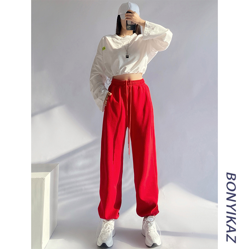 Wide-Leg Casual Red Sweatpants for Women ins Trendy Street Dance Floor-Length Straight Pants European and American New Drawstring Jogger Pants