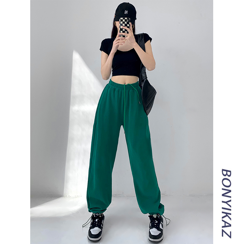 American-Style Green Sweatpants for Women, 2026 Spring and Autumn, Slimming, Loose Joggers, Versatile Street Dance Straight-Leg Sweatpants ins Trendy
