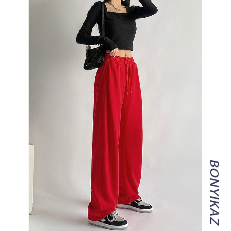 Trendy European and American Style Loose Red Sweatpants for Women, Casual High-Waisted Drawstring Joggers, Straight-Leg Street Dance Sweatpants ins Trend