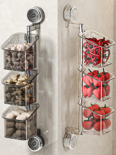 Kitchen Onion, Ginger, and Garlic Storage Box, Multi-Layer Suction Cup Shelf, Wall-Mounted Ginger and Garlic Storage Organizer, No-Drill Basket