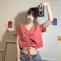 Summer Han Edition relaxed pure sleeve drawing with open navel T-shirt v-collar short-term Outdoor Student blouse