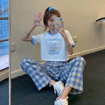 Single - suit summer suit new student Han Edition relaxed short T - shirt plate casual broad leg straight pants two pieces