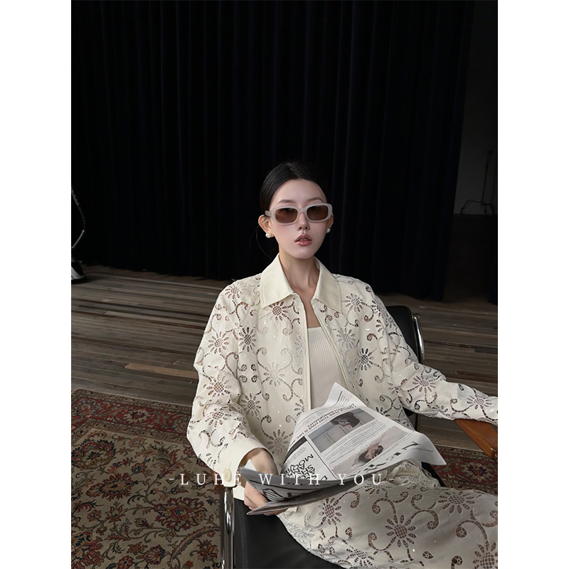 Luhe【White Camellia Shadow】Hehe Private Label~Original 100% Cotton Embroidered Fabric Jacket + Casual Pants