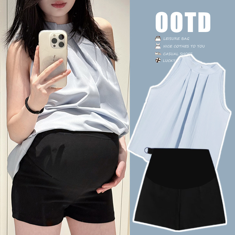 Maternity Set Summer Outfit Sleeveless Halter Neck Shirt Summer Loose Slimming Top Thin Outerwear Belly Support Shorts