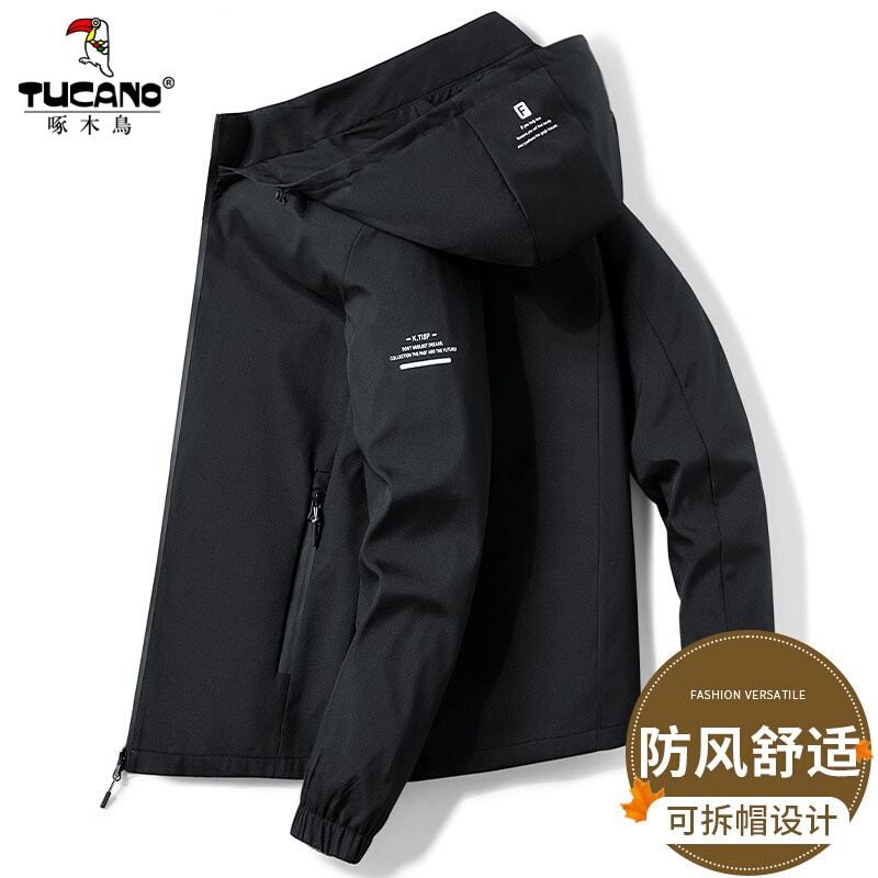 Woodpecker 2026 Autumn/Winter New Outdoor Casual Hooded Jacket for Men, Windproof, Detachable Hood, Black Fleece-Lined Softshell Jacket