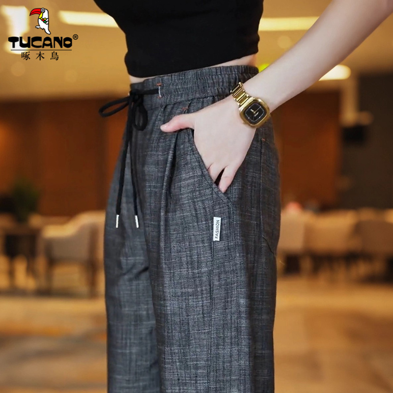 Tucano Luxury Old Money Style High-Waisted Straight-Leg Casual Pants with Elastic Waistband and Drawstring, Linen Texture Pants Tucano Luxury Old Money Style High-Waisted Straight-Leg Casual Pants with Elastic Waistband and Drawstring, Linen Texture Pants
