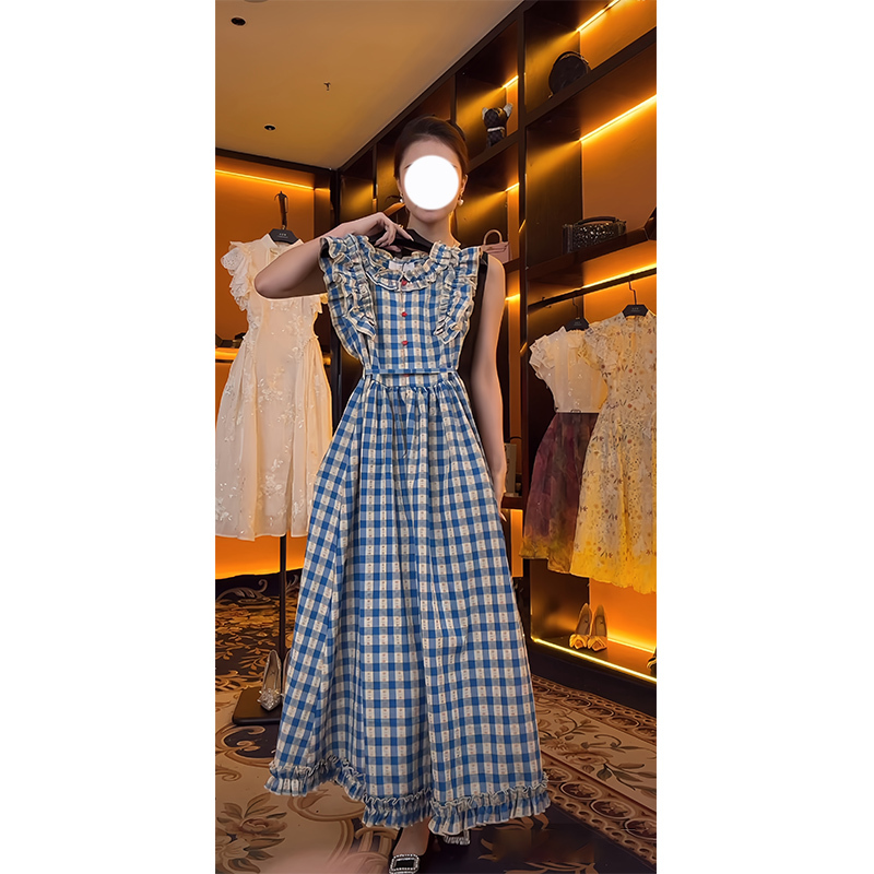 Blue Plaid Petite Dress Women's Clothing 2025 Summer New Fashion High-End Design Long Dress Skirt Blue Plaid Petite Dress Women's Clothing 2025 Summer New Fashion High-End Design Long Dress Skirt