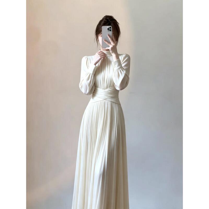 Kagoshima-Style French Long-Sleeved Dress for Women, Elegant and Flattering for Autumn, Waist-Cinching, Slimming, and Pleated Long Dress