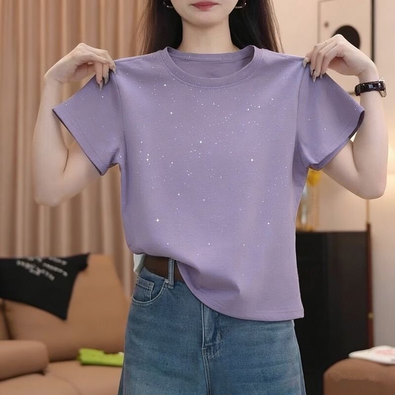 Gypsophila Short-Sleeved T-Shirt for Women, Summer Round Neck Slimming Top with Sequin Design, Commuter Style, Korean Version, Shiny Half-Sleeve Gypsophila Short-Sleeved T-Shirt for Women, Summer Round Neck Slimming Top with Sequin Design, Commuter Style, Korean Version, Shiny Half-Sleeve