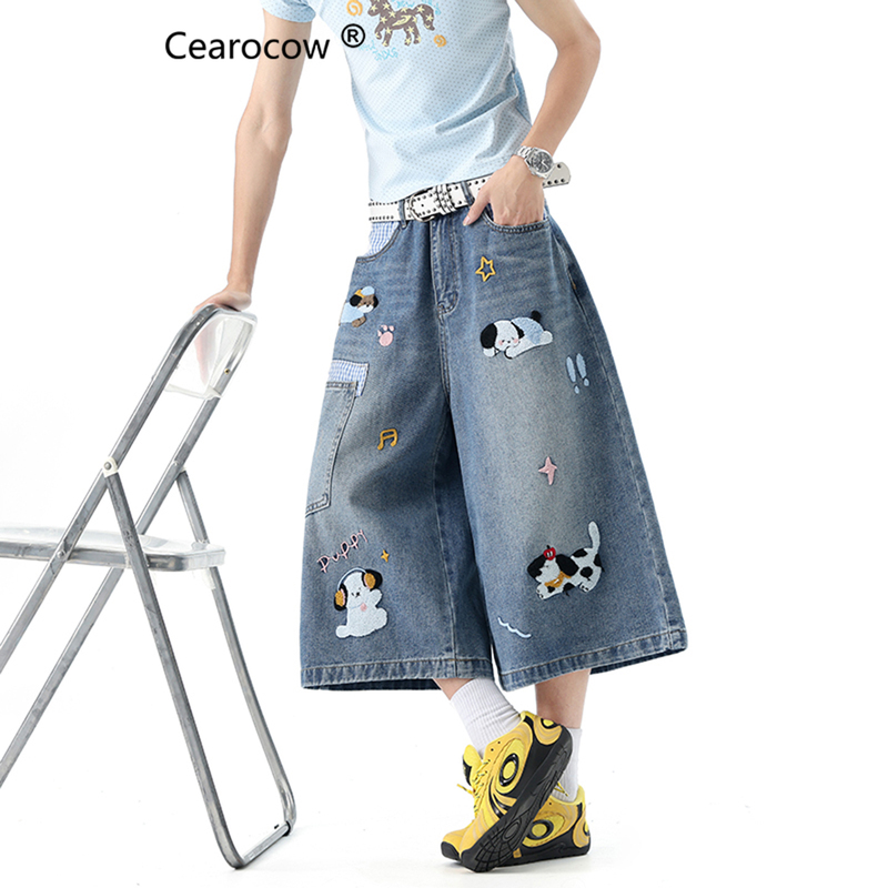 American-Style Cartoon Embroidered Dog Shorts, Loose and Versatile Plaid Design, Seven-Point Denim Vibe Washed Pants American-Style Cartoon Embroidered Dog Shorts, Loose and Versatile Plaid Design, Seven-Point Denim Vibe Washed Pants