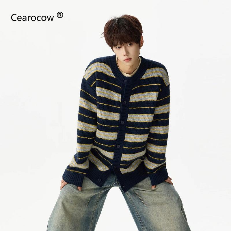 American Retro Striped Color-Block Round Neck Sweater for Men and Women, Autumn and Winter Lazy Style Knit Cardigan, Loose Buttoned Jacket, Trendy