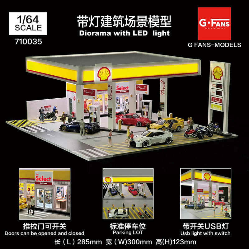 Gfans 1:64 Shell Gas Station Building Scene Model Parking Lot with Led Light Ornaments