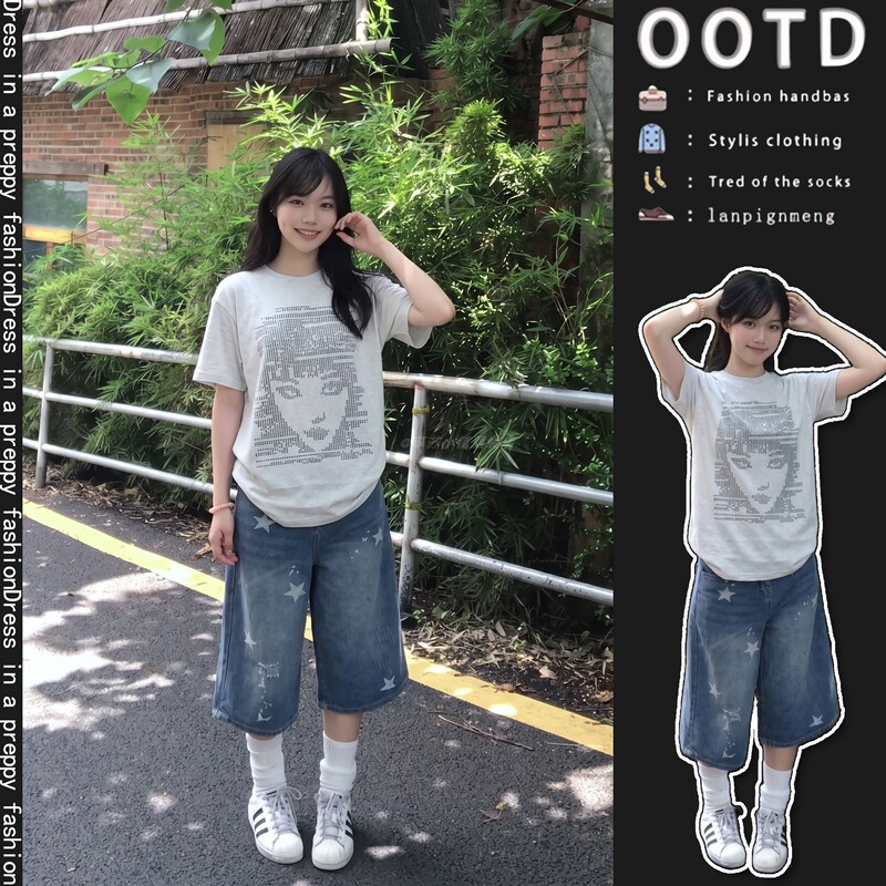 Junior High School Students' High-End, Stylish and Unique Summer Outfits: Women's Printed Short-Sleeve T-Shirt and Star-Patterned Cropped Denim Pants Set Junior High School Students' High-End, Stylish and Unique Summer Outfits: Women's Printed Short-Sleeve T-Shirt and Star-Patterned Cropped Denim Pants Set