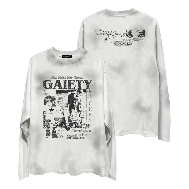 Trend Grew Original Portrait Guitar Autumn Rhinestone Punk Style American Top Short Loose Long-Sleeved T-Shirt
