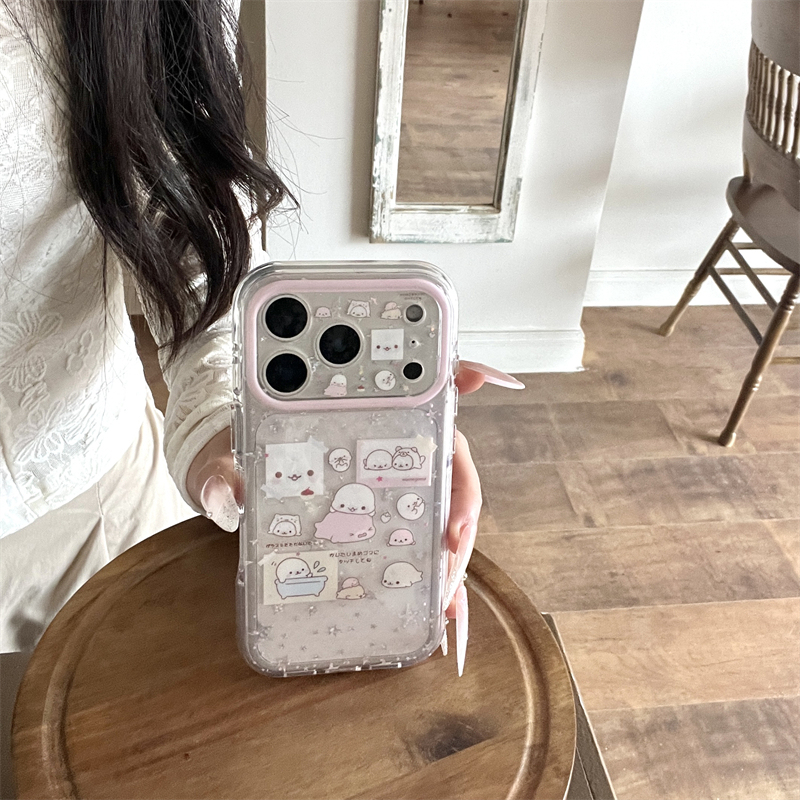 Korean-Style Vintage Cute Bean Sesame Seal Puzzle Design Case for Apple 15P Glitter Star Transparent Phone Case 17Promax New iPhone 16 Precise Cutout Double-Layer 14 Full Protection Anti-Drop