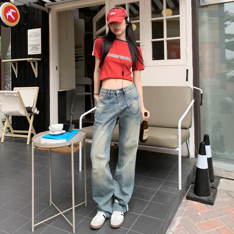 Zrzv American Retro Sea Buckthorn Blue Straight Wide-Leg Pants High-Waisted Slimming Fashionable Versatile Drapey Floor-Length Jeans