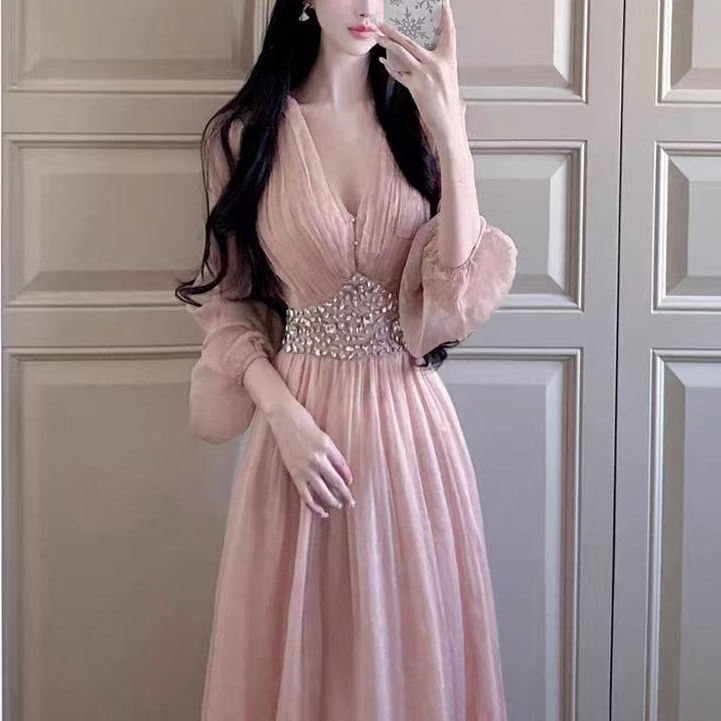 French-Style Dress for Women, Summer, Light Luxury, High-End, Socialite Evening Gown, Heavy Beading, V-Neck, Birthday Dress