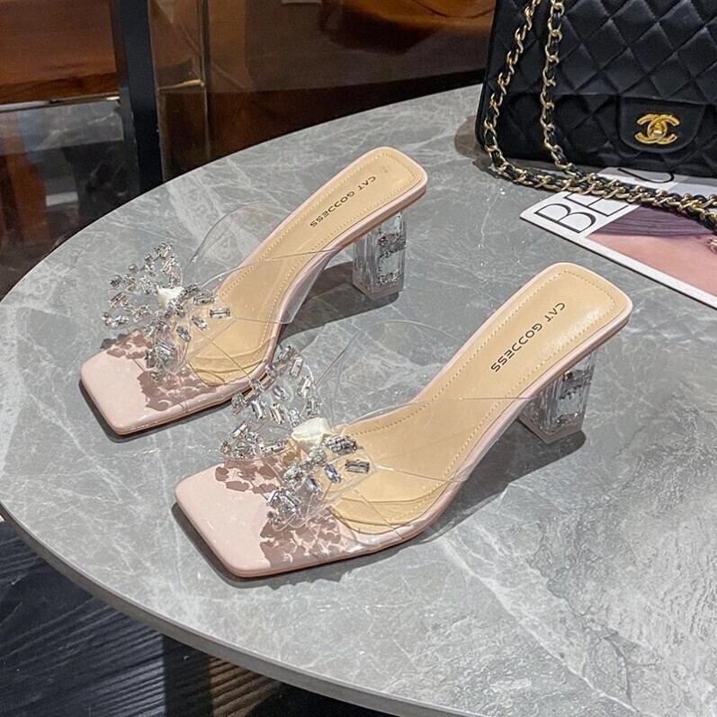 Jimmyto Luxury Women's Shoes with Rhinestone Midsole, Chunky Heels, Sexy High Heels, French-Style Women's Shoes, Summer Sandals, Trendy