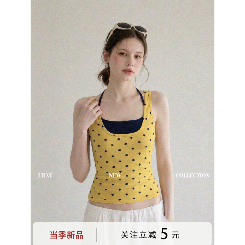 Lilvi Korean Style Yellow Star Print Fake Two-Piece Patchwork Halter Neck Camisole Women's Summer New Top