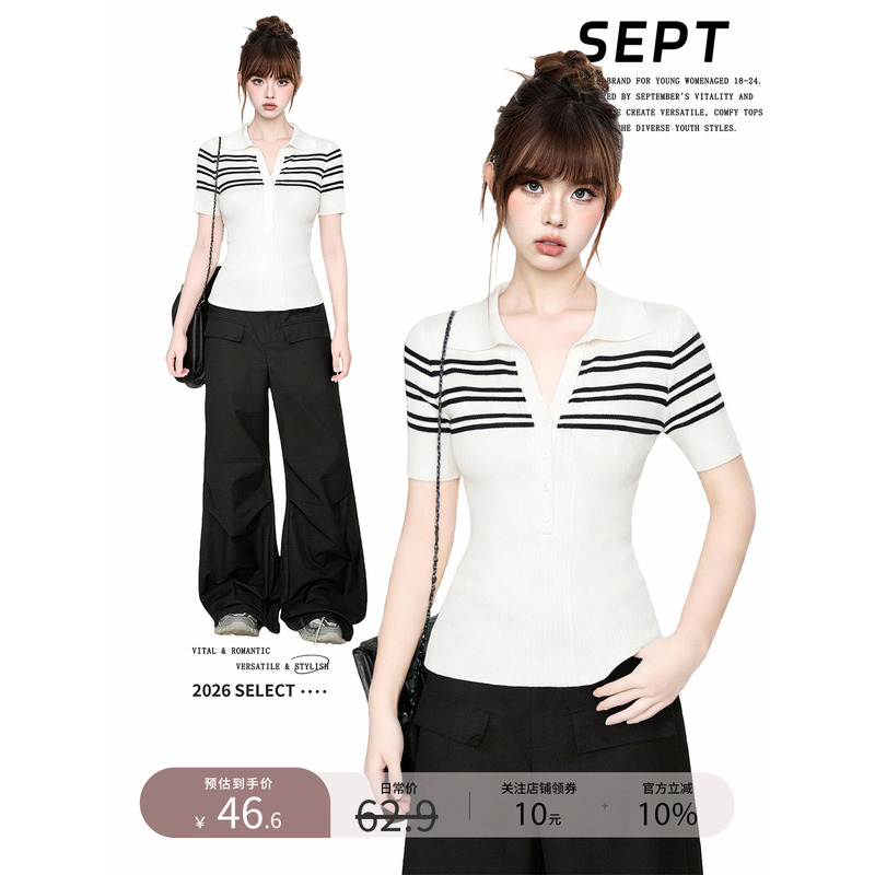 Sept Summer Design Color-Block Striped Knit Top Women's New Two-Piece Polo Collar Short Sleeve T-Shirt