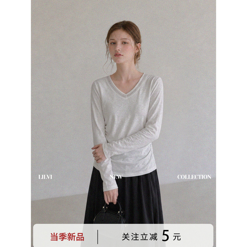 Lilvi White V-Neck Hollow-Out Design Long-Sleeve T-Shirt for Women, Loose Fit, Autumn Base Layer Top