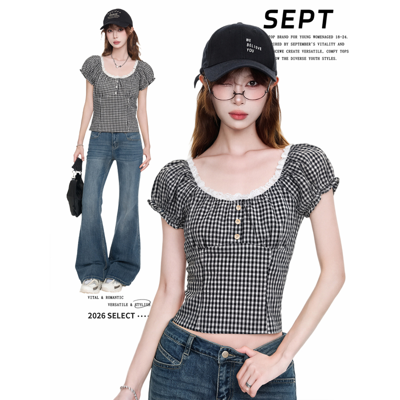 Lilvi Miu Plaid Short-Sleeved Shirt for Women, Spring and Summer Lace Puff Sleeve T-Shirt, Slim Fit Top Lilvi Miu Plaid Short-Sleeved Shirt for Women, Spring and Summer Lace Puff Sleeve T-Shirt, Slim Fit Top