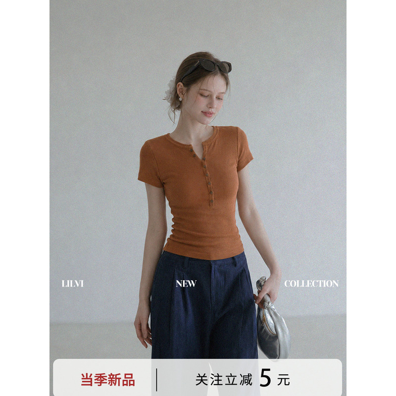 Lilvi Orange Henry Collar Round Neck Knit Short-Sleeve Women's Slim Fit T-Shirt Top for Summer