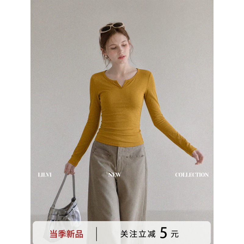 Lilvi Orange and Tangerine Half-Open V-Neck Inner Layering Shirt for Women, New Autumn Slim-Fit Long-Sleeve Top for Petite Figures
