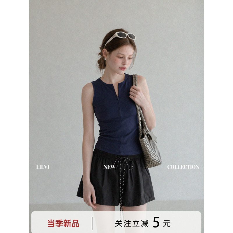 Lilvi Navy Blue Wide Shoulder Strap Tank Top for Women, Summer Outerwear, Sleeveless, Round Neck, Covers Side Breasts Lilvi Navy Blue Wide Shoulder Strap Tank Top for Women, Summer Outerwear, Sleeveless, Round Neck, Covers Side Breasts