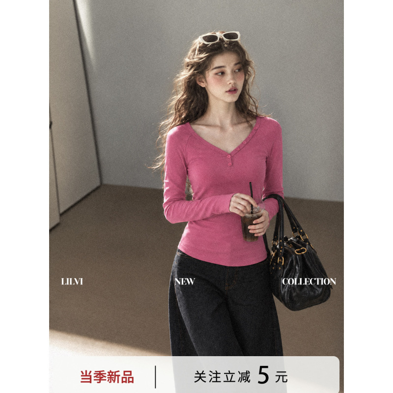 Lilvi Raspberry Pink V-Neck Long Sleeve Single Layer Inner Wear Women's 2026 Autumn Slim Fit Button Solid Color Base Shirt Top