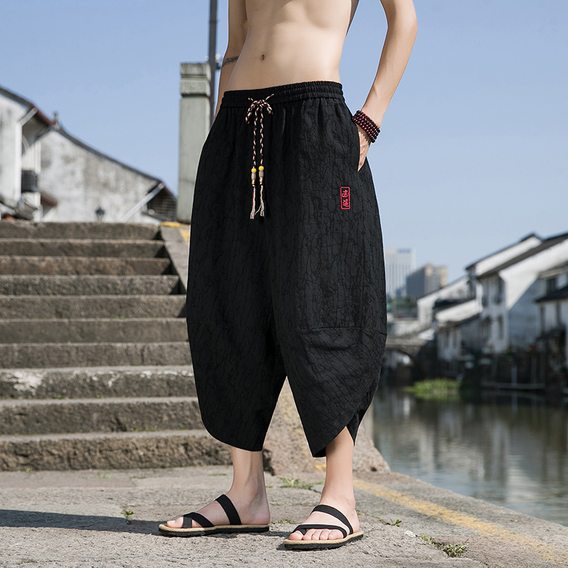 Linen Cropped Pants for Men, Large Size, Wide-Leg Lantern Pants, Summer Chinese Style Embroidered Shorts, Vintage Jacquard Harem Pants Linen Cropped Pants for Men, Large Size, Wide-Leg Lantern Pants, Summer Chinese Style Embroidered Shorts, Vintage Jacquard Harem Pants