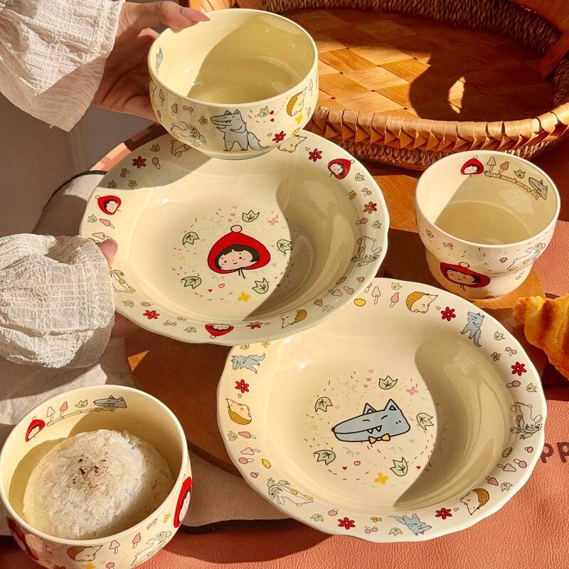 Japanese-Style Cartoon Little Red Cat and Her Big Dinosaur Ceramic Tableware Set for Home Use: Plates, Rice Bowls, Dessert Bowls, Spoons, Dormitory