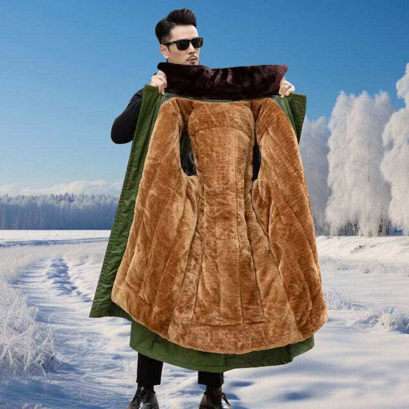 New Men's Military-Style Long Winter Coat, Thickened Workwear for Cold Storage, Cold-Proof Clothing, Military Green Coat, Northeastern Large Cotton-Padded Jacket