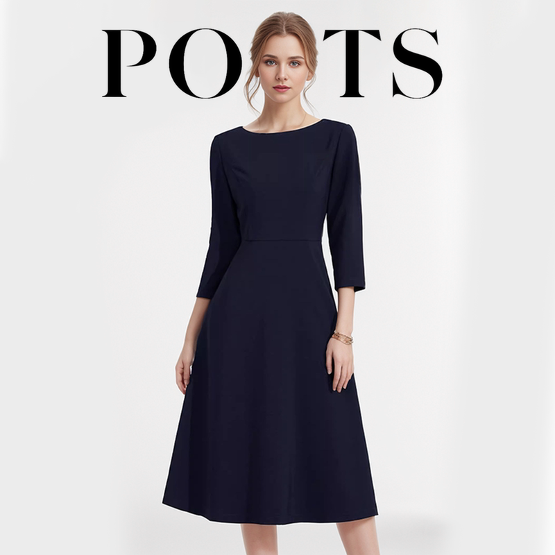 International Brand 2025 Spring New Elegant Slim-Fit Navy Blue A-Line Dress, Slimming and Versatile Base Dress