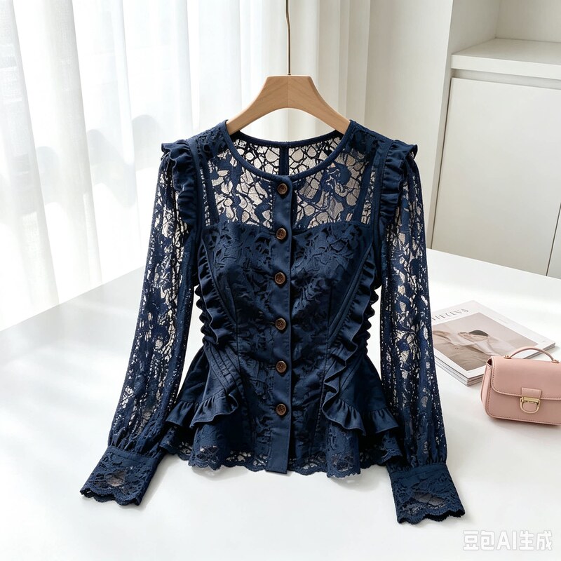 High-End Lace Splicing Ruffled Fashion Long-Sleeved Shirt for Women, New Autumn Round Neck Hollow-Out Top Trendy