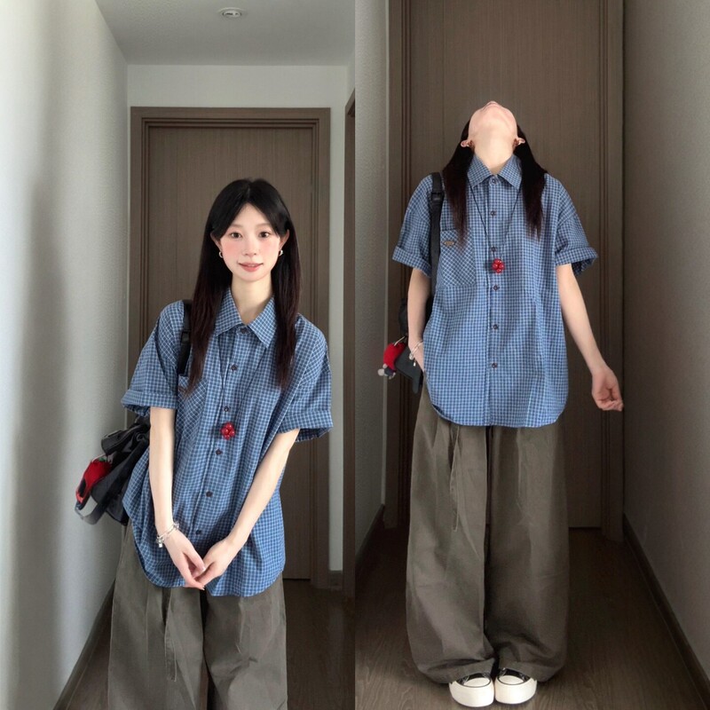 Japanese-Style Youthful Sports Suit for Women, Summer Student Loose Plaid Shirt, Short-Sleeve Wide-Leg Pants, Casual Two-Piece Set Japanese-Style Youthful Sports Suit for Women, Summer Student Loose Plaid Shirt, Short-Sleeve Wide-Leg Pants, Casual Two-Piece Set