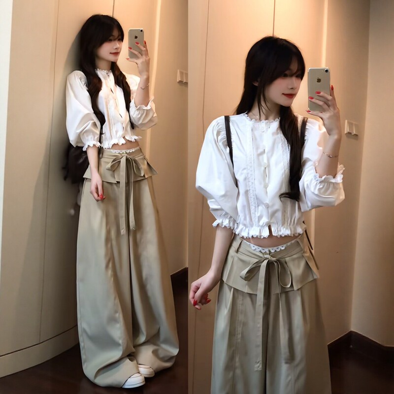 Korean-Style High-End Sports Suit for Women, Summer Slim-Fit Fashion Three-Quarter Sleeve Shirt and Wide-Leg Pants Casual Two-Piece Set Trendy Korean-Style High-End Sports Suit for Women, Summer Slim-Fit Fashion Three-Quarter Sleeve Shirt and Wide-Leg Pants Casual Two-Piece Set Trendy