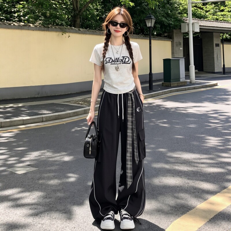 American-Style Street Sports Suit for Women, Summer Slimming Fashion, Korean-Style Short-Sleeved Workwear, Long Pants, Casual Two-Piece Set for Running American-Style Street Sports Suit for Women, Summer Slimming Fashion, Korean-Style Short-Sleeved Workwear, Long Pants, Casual Two-Piece Set for Running