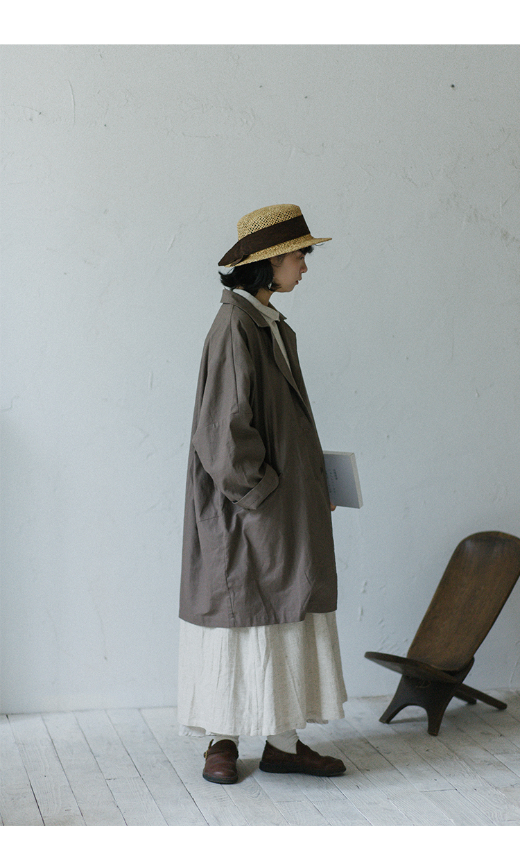 Fernfield | Autumn Brown and Grey Lapel Trench Coat - เสื้อสูท/เสื้อคลุมยาว - ผ้าฝ้าย/ผ้าลินิน 