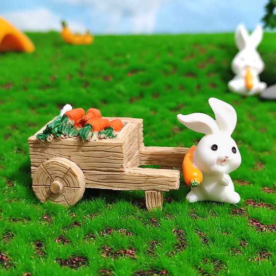 Miniature Landscape Cute Little White Rabbit with Carrot and Pumpkin Cart, Bonsai Succulent Landscaping, Rabbit Resin Desktop Ornament