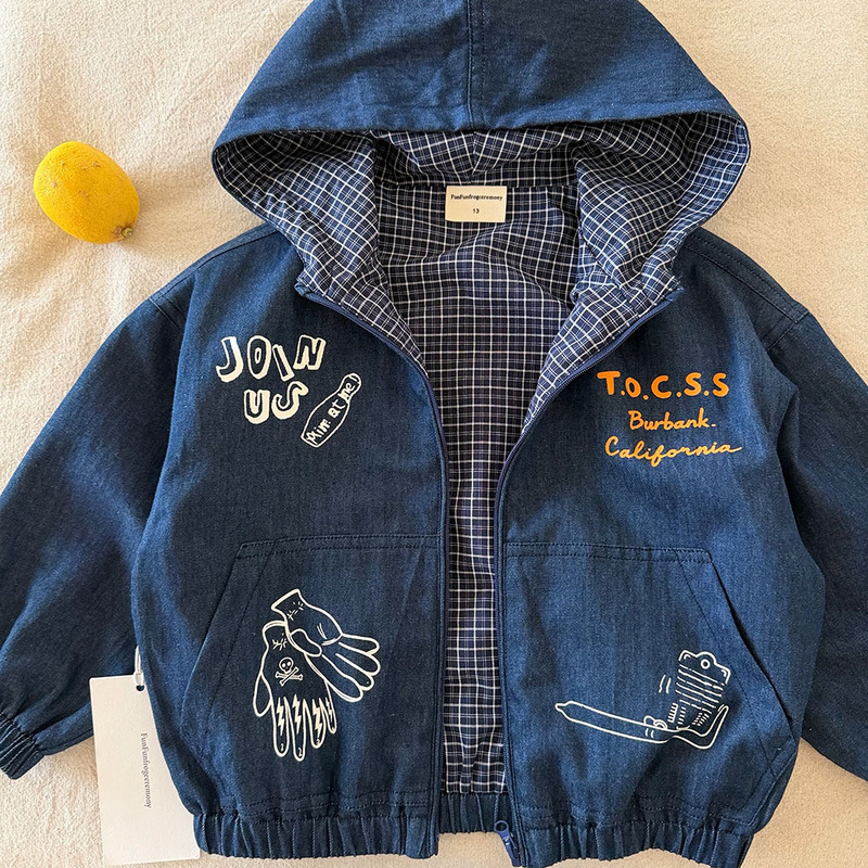 Korean Style Boutique Children's Denim Jacket 2026 Spring and Autumn New Letter-Print Hooded Cardigan for Boys and Girls Toddler Jacket Korean Style Boutique Children's Denim Jacket 2026 Spring and Autumn New Letter-Print Hooded Cardigan for Boys and Girls Toddler Jacket