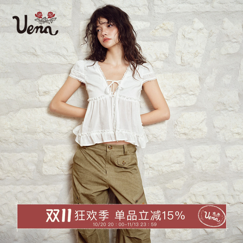 【Xiaochun Flower Story】Uena Celebrity Style White Lace Ruffle Edge Lyocell Puff Short-Sleeve Shirt