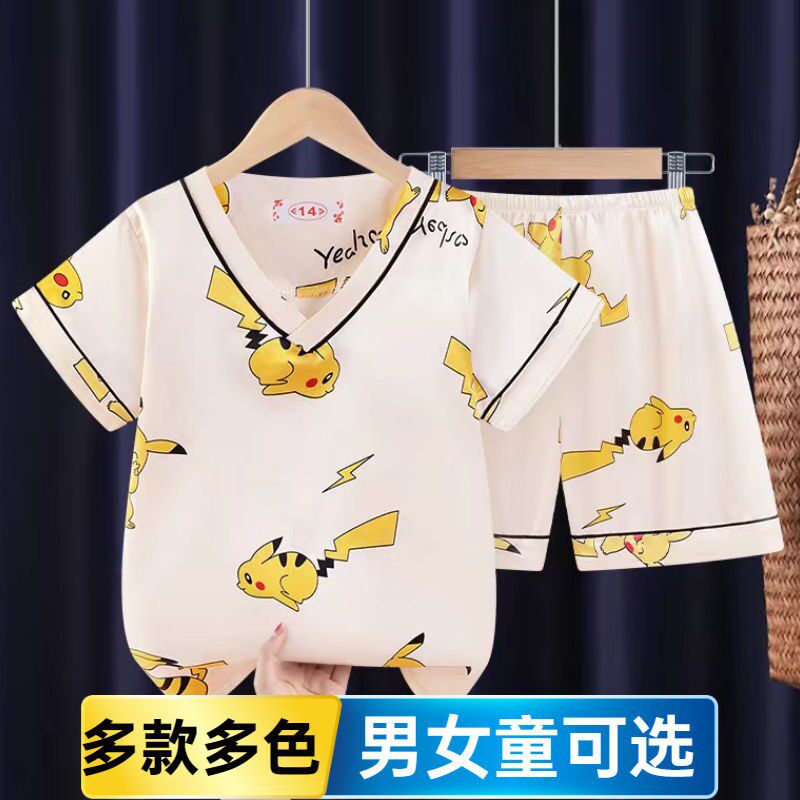 Child Sleepwear Summer Girl Girl Ice Silk Short Sleeve Male Girl Baby V Collar Cartoon Cute Home Suit Summer Suit