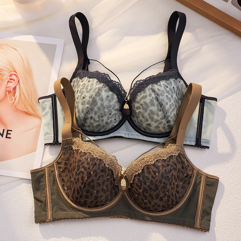 Sexy Leopard Print Lace Lingerie for Women with Large Busts, Thin Style, Side Breast Reduction, Anti-Sagging, Adjustable Soft Underwire Bra