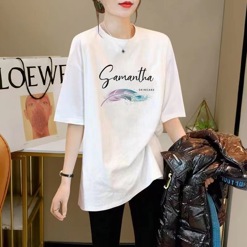 European Style Oversized White T-Shirt for Women, Short-Sleeved, Loose Fit, Mid-Length, Covers the Hips, Paired with Shark Pants, Pure Cotton