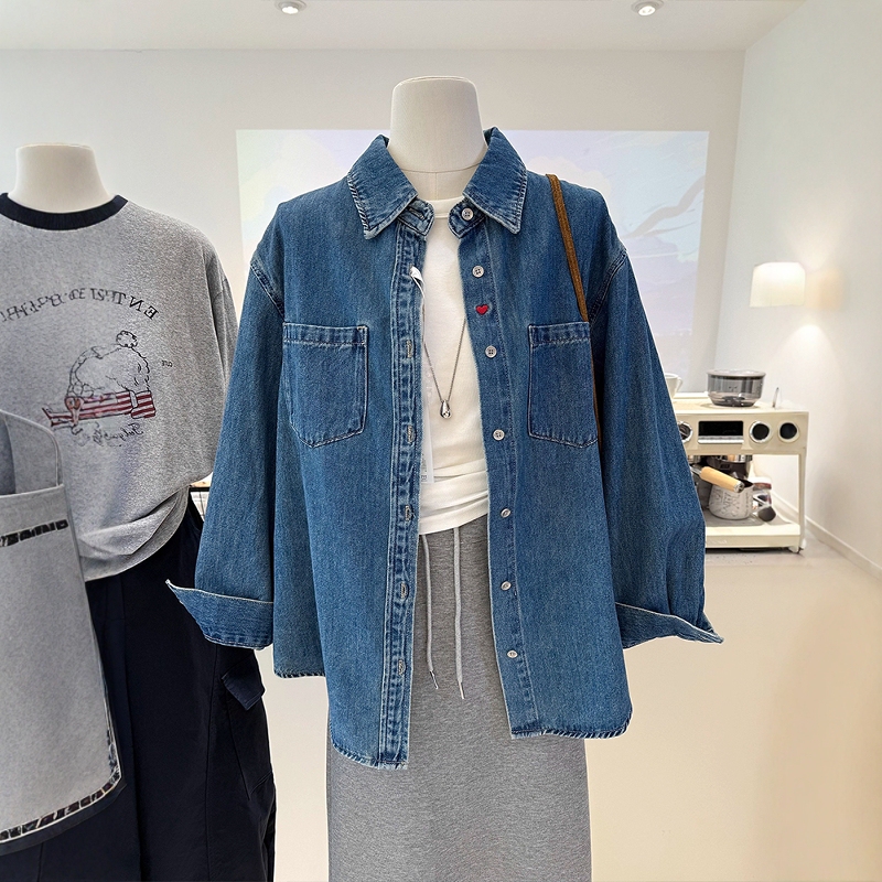 Autumn Simple Embroidered Heart Long-Sleeve Denim Shirt Loose Lazy Style American Retro Jacket Women's Layered Top