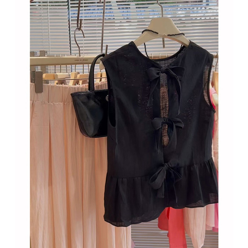 Close Your Eyes and Buy It Without Any Hesitation! Recommended! Vintage Black Sleeveless Lace-Up Shirt for Women, Summer Bowknot Hollow-Out Backless Top