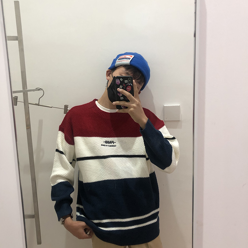 Phiên bản Hàn Quốc của dòng người đàn ông và phụ nữ mẫu áo len oversized áo len oversize màu tương phản khâu thêu áo mùa thu đông áo khoác len