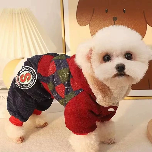 Утолщенная одежда для щенков осенью и зимняя случайная клетчатая четвероногой одежда Тедди Бишон Красивая маленькая и средняя домашняя домашняя одежда теплый